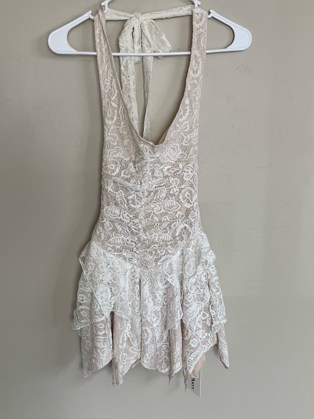 NWT Y2K Fairy Core Coquette Lace Ruffle Halter Tie Low Cut Mini Festival Dress